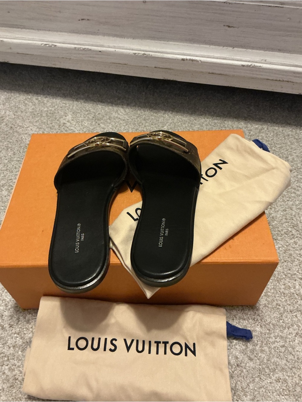 Louis Vuitton Black Slides with Gold Hardware